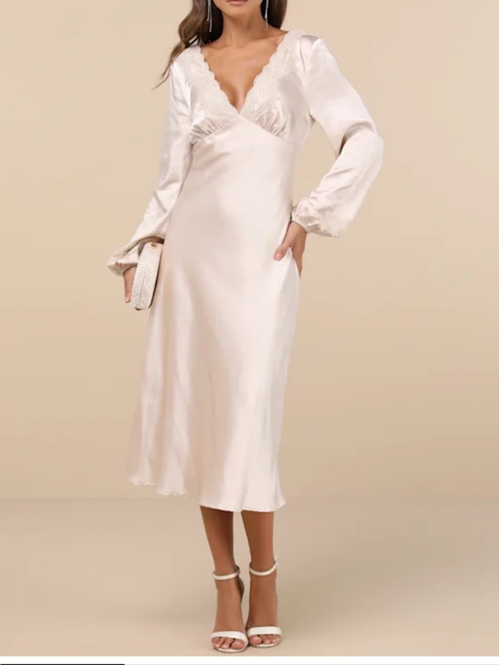 Lulu's Cream Long-Sleeve V-Neck Midi Dress